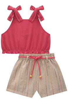 CONJUNTO INFANTIL KUKIÊ BLUSA EM ALFAIATARIA TWILL E SHORTS EM LINHO MAQUINETADO - 76983