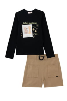 CONJUNTO INFANTIL KUKIÊ BLUSA EM CANELADO E SHORTS EM TECIDO SARJADO - 90582