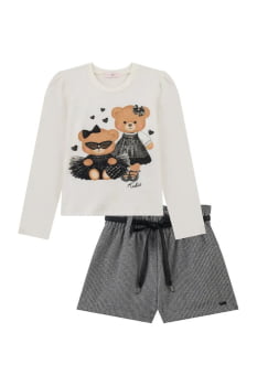 CONJUNTO INFANTIL KUKIÊ BLUSA EM COTTON E SHORTS EM LÃ PIED DE POULE - 90672