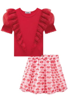 CONJUNTO INFANTIL KUKIÊ BLUSA EM MALHA E TULE E SAIA EM CHIFFON BRILHO COM SHORTS EMBUTIDO - 75070