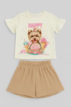 CONJUNTO INFANTIL KUKIÊ BLUSA EM MEIA MALHA E SHORTS EM MALHA TEXTURA - 88465