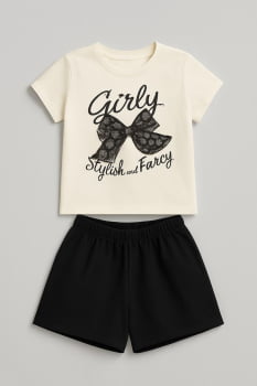 CONJUNTO INFANTIL KUKIÊ BLUSA EM MEIA MALHA ESTAMPA DE LAÇO E SHORTS EM MALHA CANECRE - 89256