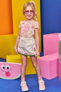 CONJUNTO INFANTIL KUKIÊ BLUSA EM MEIA MALHA FRESH E SHORT SAIA EM SARJA PITA - 75819