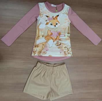 CONJUNTO INFANTIL KUKIÊ BLUSA EM TERMOSKIN ESTAMPADA E SHORT EM COURO - 97695