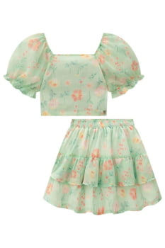 CONJUNTO INFANTIL KUKIÊ DE BLUSA BOXY E SAIA EM CHIFFON BRILHO - 75222