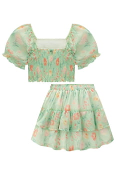 CONJUNTO INFANTIL KUKIÊ DE BLUSA BOXY E SAIA EM CHIFFON BRILHO - 75222