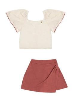 CONJUNTO INFANTIL MENINA ANJO BLUSA EM MALHA TRICOT TEXTURIZADA E SHORT-SAIA TERRACOTA - 4450075