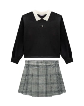 CONJUNTO INFANTIL NINA GO BLUSA BOXY EM MOLETINO E O SHORT SAIA EM ALFAIATARIA XADREZ - 2251034