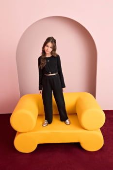 CONJUNTO INFANTIL NINA GO BLUSA CROPPED EM RIBANA E CALÇA WIDE EM MOLETINHO -2251003