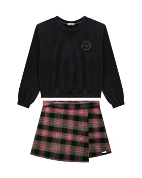 CONJUNTO INFANTIL NINA GO BLUSÃO EM MOLETOM FELPADO E SHORT SAIA EM FLANELA XADREZ - 2551035