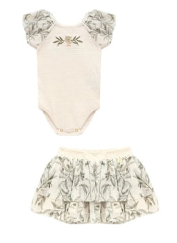 CONJUNTO INFANTIL KIKI BODY COM BORDADO E SAIA EM TULE ESTAMPADO - 1400010
