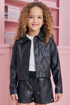 JAQUETA BOXY INFANTIL KUKIÊ EM COURO ECO PRETO - 91867