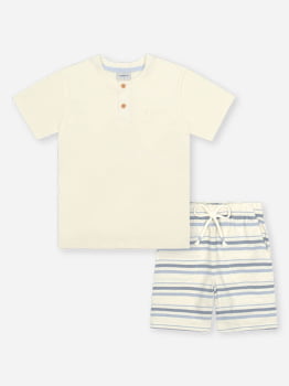 CONJUNTO INFANTIL DIVERTTO CAMISETA COM BORDADO E BERMUDA LISTRADA EM LINHO - 27148