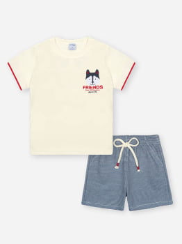 CONJUNTO INFANTIL DIVERTTO CAMISETA ESTAMPA FRIENDSHIP E BERMUDA EM MOLETOM LISTRADA - 16251