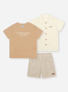 CONJUNTO INFANTIL DIVERTTO CAMISETA ESTAMPADA CAMISA  EM LINHO E BERMUDA EM TECIDO SUSTENTÁVEL - 16270 