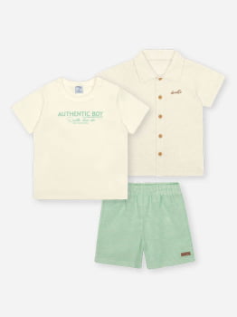 CONJUNTO INFANTIL DIVERTTO CAMISETA ESTAMPADA CAMISA  EM LINHO E BERMUDA EM TECIDO SUSTENTÁVEL - 16270 