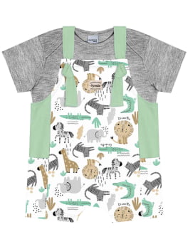 CONJUNTO INFANTIL MENINO DIVERTTO BABY BODY E JARDINEIRA EM MOLETINHO ESTAMPA SAFARI - 16110