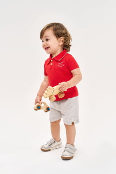 CONJUNTO INFANTIL MENINO DIVERTTO BABY CAMISA POLO VERMELHA E BERMUDA LISTRADA - 16128