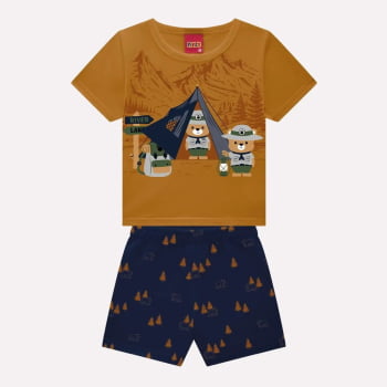 CONJUNTO INFANTIL MENINO KYLY CAMISETA E BERMUDA COM ESTAMPA INTERATIVA DE ACAMPAMENTO - 1000950