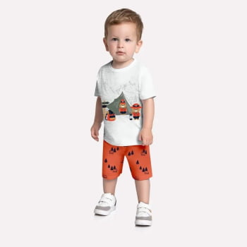 CONJUNTO INFANTIL MENINO KYLY CAMISETA E BERMUDA COM ESTAMPA INTERATIVA DE ACAMPAMENTO - 1000950