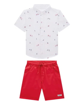 CONJUNTO INFANTIL MENINO ONDA MARINHA CAMISA EM TRICOLINE LENE ESTAMPADA E BERMUDA EM SARJA PITA - 1243085