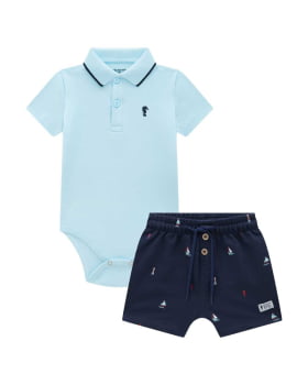 CONJUNTO INFANTIL ONDA MARINHA BODY POLO EM SUEDINE  BERMUDA EM MOLETINHO ESTAMPADO - 1254013