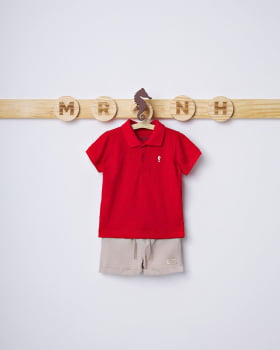 CONJUNTO INFANTIL ONDA MARINHA CAMISA POLO EM MEIA MALHA TRABALHADA E BERMUDA EM ECO RAJADA - 1244039