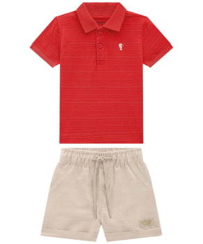 CONJUNTO INFANTIL ONDA MARINHA CAMISA POLO EM MEIA MALHA TRABALHADA E BERMUDA EM ECO RAJADA - 1244039