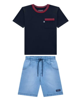 CONJUNTO INFANTIL ONDA MARINHA CAMISETA EM MEIA MALHA E BERMUDA EM JEANS COM ELASTANO - 1243069