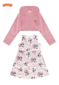 VESTIDO INFANTIL ALAKAZOO EM FELPADO ESTAMPADO E BOLERO EM PELUCIADO - 65308