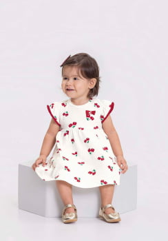 VESTIDO INFANTIL ALAKAZOO TEXTURIZADO COM POMPONS E APLICAÇÃO DE LAÇO - 46140