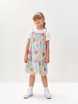 VESTIDO INFANTIL CINTI COM SOBREPOSIÇÃO ESTAMPA DE FRUTINHAS E ACOMPANHA PULSEIRA - 12522