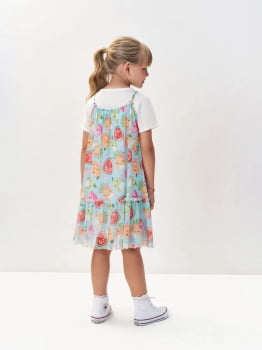 VESTIDO INFANTIL CINTI COM SOBREPOSIÇÃO ESTAMPA DE FRUTINHAS E ACOMPANHA PULSEIRA - 12522