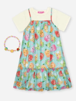 VESTIDO INFANTIL CINTI COM SOBREPOSIÇÃO ESTAMPA DE FRUTINHAS E ACOMPANHA PULSEIRA - 12522