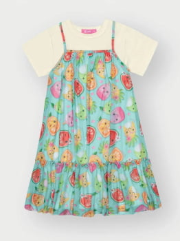 VESTIDO INFANTIL CINTI COM SOBREPOSIÇÃO ESTAMPA DE FRUTINHAS E ACOMPANHA PULSEIRA - 12522