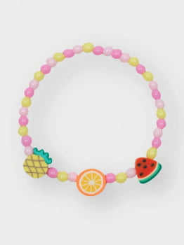 VESTIDO INFANTIL CINTI COM SOBREPOSIÇÃO ESTAMPA DE FRUTINHAS E ACOMPANHA PULSEIRA - 12522