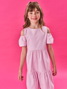 VESTIDO INFANTIL CINTI EM TRICOLINE ROSA COM STRASS - 12064