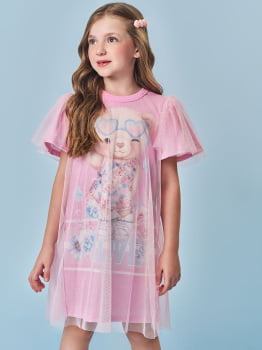 VESTIDO INFANTIL CINTI EM TULE BRILHO COM ESTAMPA DE URSINHO - 12692 VESTIDO INFANTIL CINTI EM TULE BRILHO COM ESTAMPA DE URSINHO - 12692