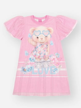 VESTIDO INFANTIL CINTI EM TULE BRILHO COM ESTAMPA DE URSINHO - 12692