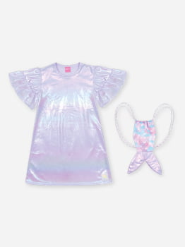 VESTIDO INFANTIL CINTI METALIZADO LILÁS COM BOLSA DE SEREIA - 12507