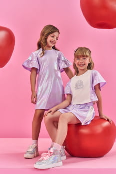 VESTIDO INFANTIL CINTI METALIZADO LILÁS COM BOLSA DE SEREIA - 12507