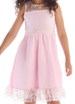 VESTIDO INFANTIL KIKI EM TECIDO TEXTURIZADO COM DETALHES EM TULE LEVE E FLUIDO COM MARGARIDAS - 3100190