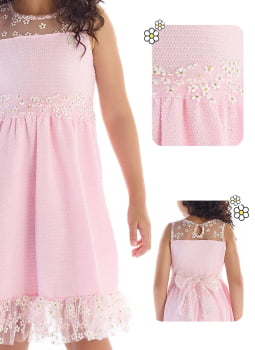 VESTIDO INFANTIL KIKI EM TECIDO TEXTURIZADO COM DETALHES EM TULE LEVE E FLUIDO COM MARGARIDAS - 3100190