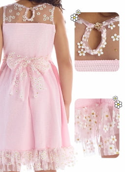 VESTIDO INFANTIL KIKI EM TECIDO TEXTURIZADO COM DETALHES EM TULE LEVE E FLUIDO COM MARGARIDAS - 3100190