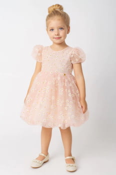 VESTIDO INFANTIL KIKI EM TULE FLUIDO COM ESTAMPA MARGARIDAS - 2100210 VESTIDO INFANTIL KIKI EM TULE FLUIDO COM ESTAMPA MARGARIDAS - 2100210