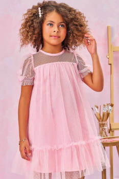 VESTIDO INFANTIL KUKIÊ EM TULE POÁ COM LAÇOS - 77447