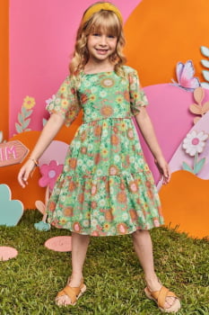 VESTIDO INFANTIL MENINA EM TULE COMFY COM ABERTURA NAS COSTAS E ESTAMPA MARGARIDAS - 73754