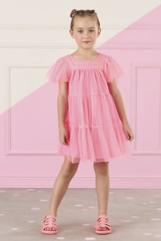 VESTIDO INFANTIL MON SUCRÉ EM TULE ROSA NEON COM BORDADO - 51133125364