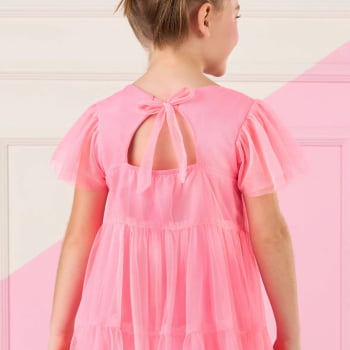 VESTIDO INFANTIL MON SUCRÉ EM TULE ROSA NEON COM BORDADO - 51133125364