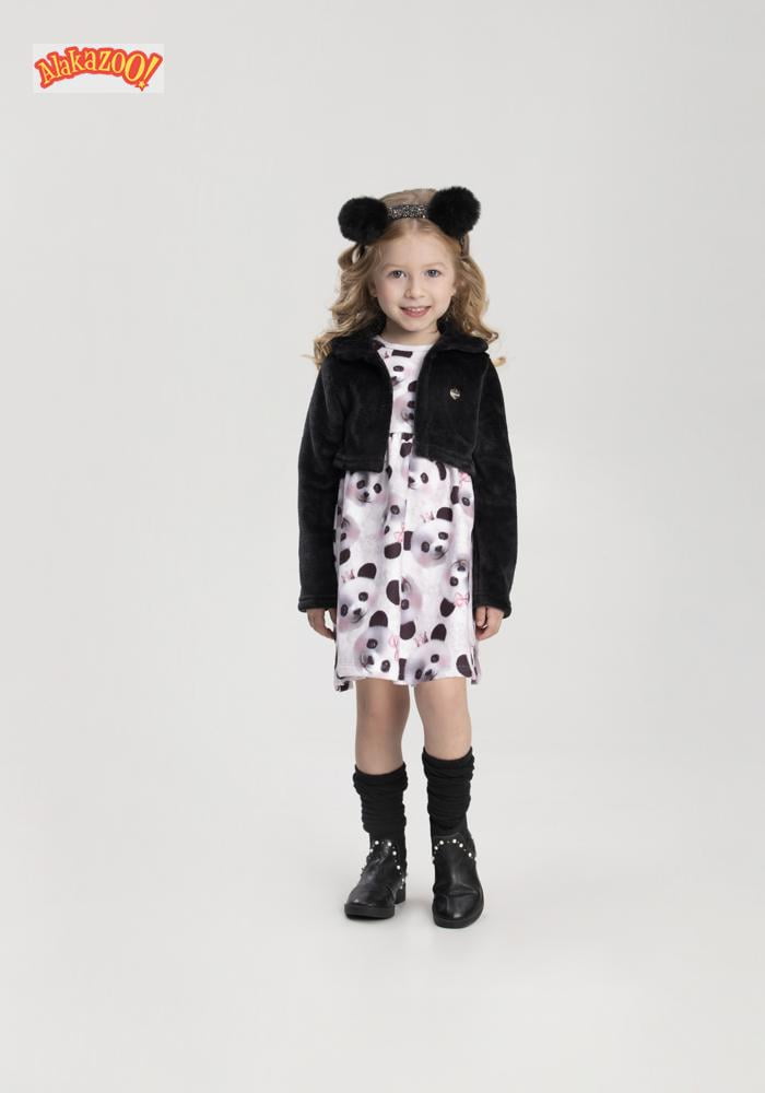 VESTIDO INFANTIL ALAKAZOO EM FELPADO ESTAMPADO E BOLERO EM PELUCIADO - 65308